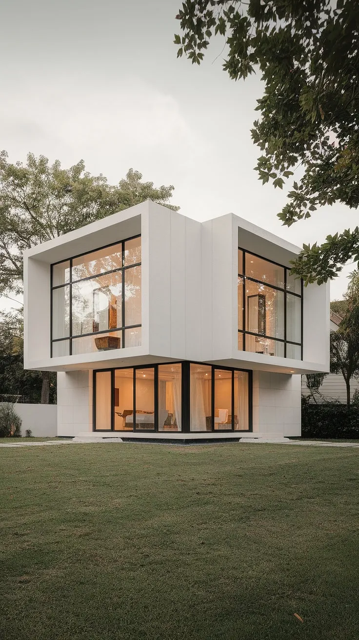 Modern, minimalist duplex design features clean lines, large windows, and a spacious layout on a grassy lot.