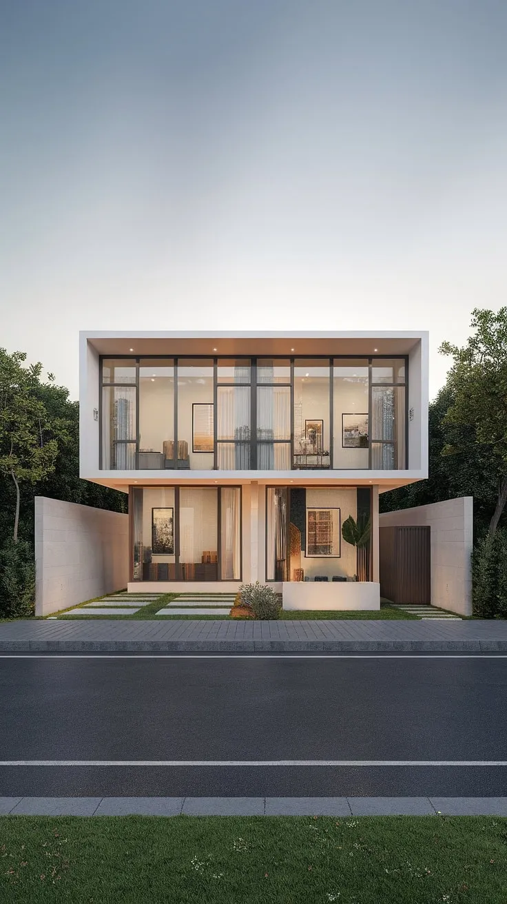 Modern duplex architecture exudes calm serenity with its clean white exterior and expansive glass windows