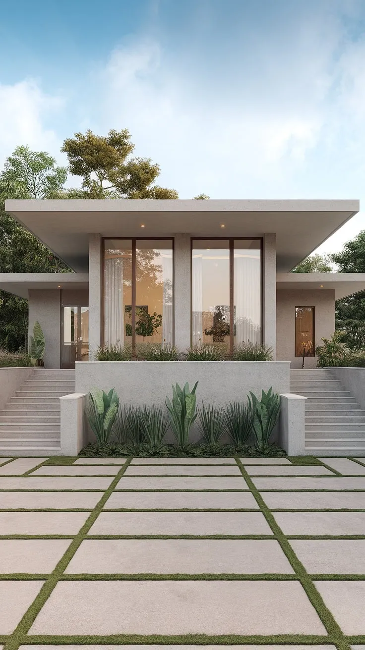 Modern concrete duplex features clean lines, large windows, and a striking staircase, set against a backdrop of nature.