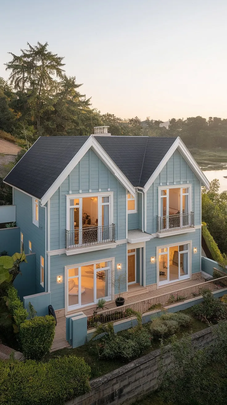 A serene blue modern duplex, perched on a hilltop amidst lush greenery and scenic water views, boasts a spacious design and sloping roof.