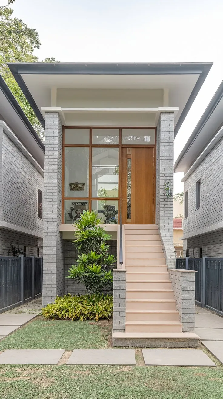 Modern grey brick duplex boasts a spacious design highlighted by a wooden door and staircase