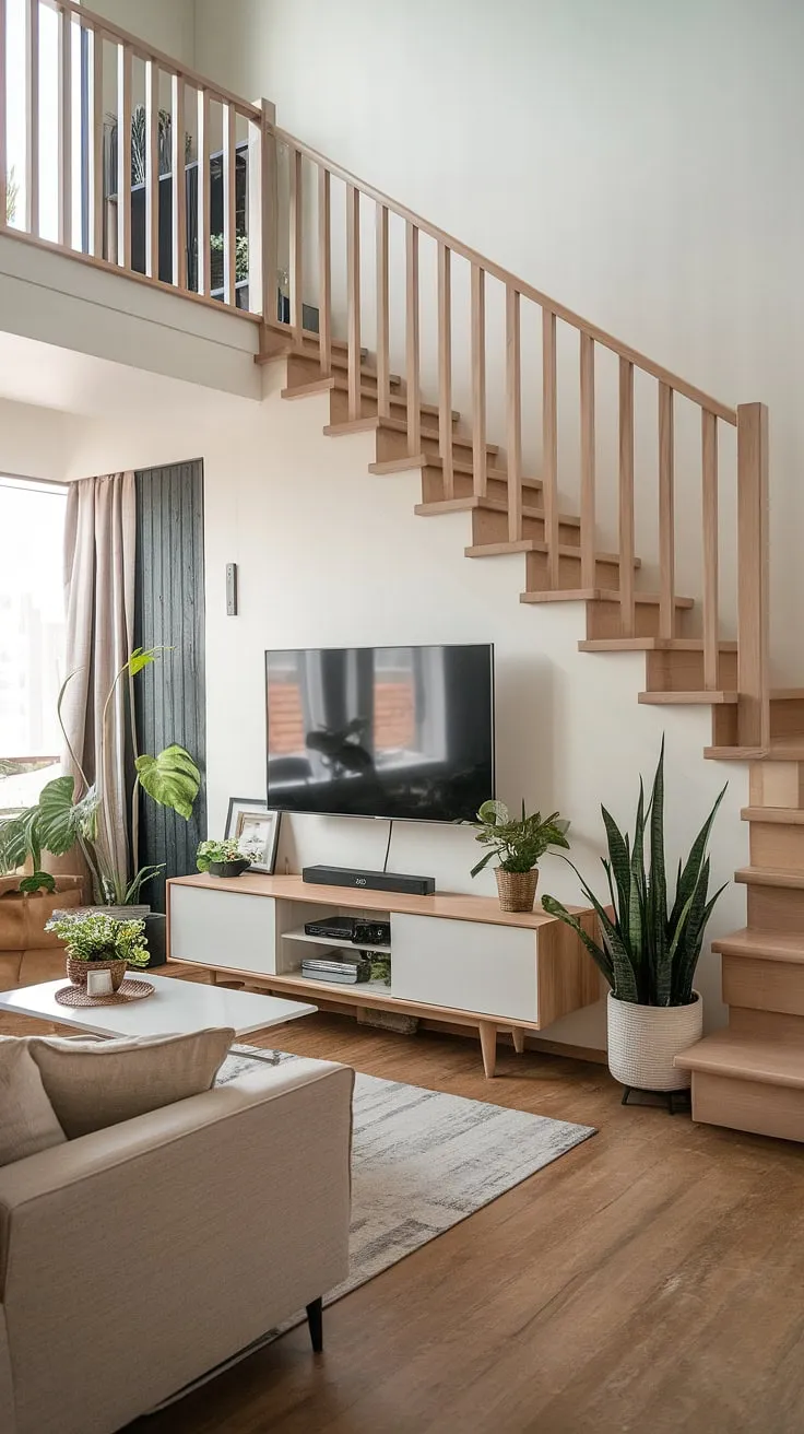A contemporary living room features a striking wooden duplex staircase as a focal point, highlighting its architectural E.