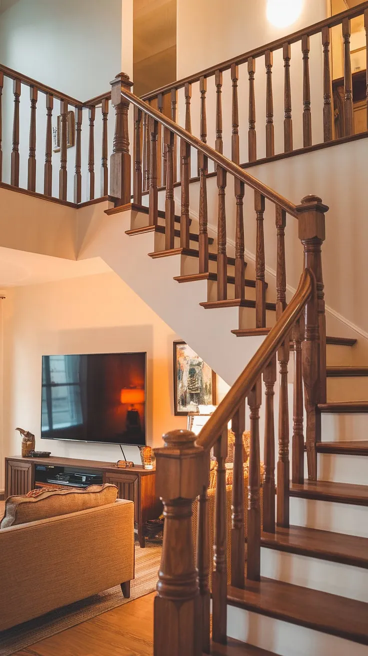 Warm lighting illuminates a living room featuring a dramatic duplex staircase and a cozy entertainment area