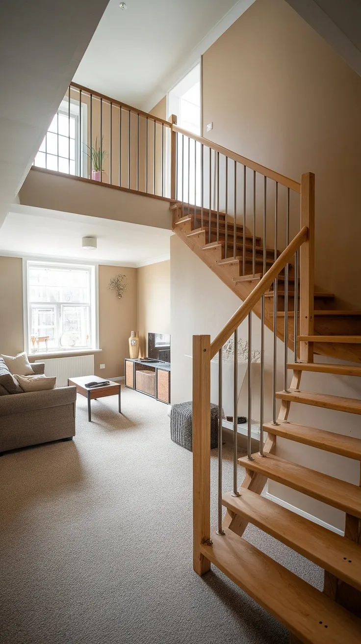 Modern minimalism meets architectural drama in this living room featuring a striking duplex staircase.
