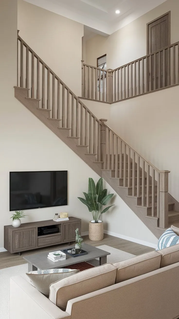A modern wooden duplex staircase anchors a light and airy living room, cleverly incorporating a hidden media room beneath.