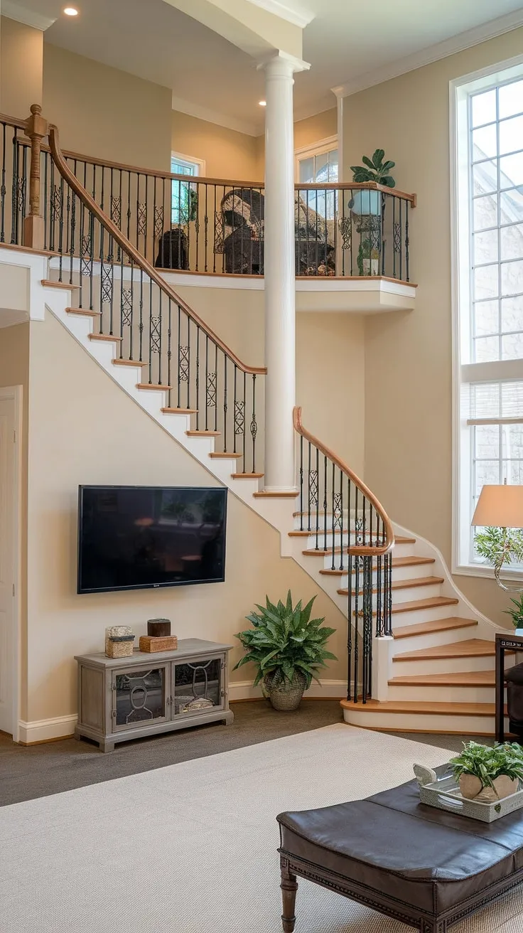 Elegant architecture defines this living room, showcasing a dramatic duplex staircase and a cleverly integrated lower-level space.