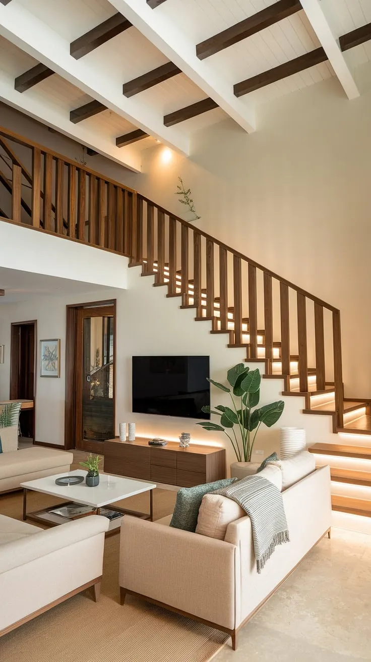 A beige living room features a stunning illuminated wooden duplex staircase as a dramatic focal point.