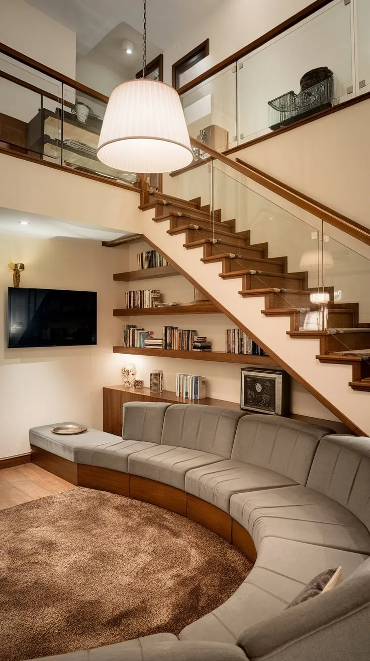 Elegant design features a dramatic duplex staircase illuminating a comfortable living space