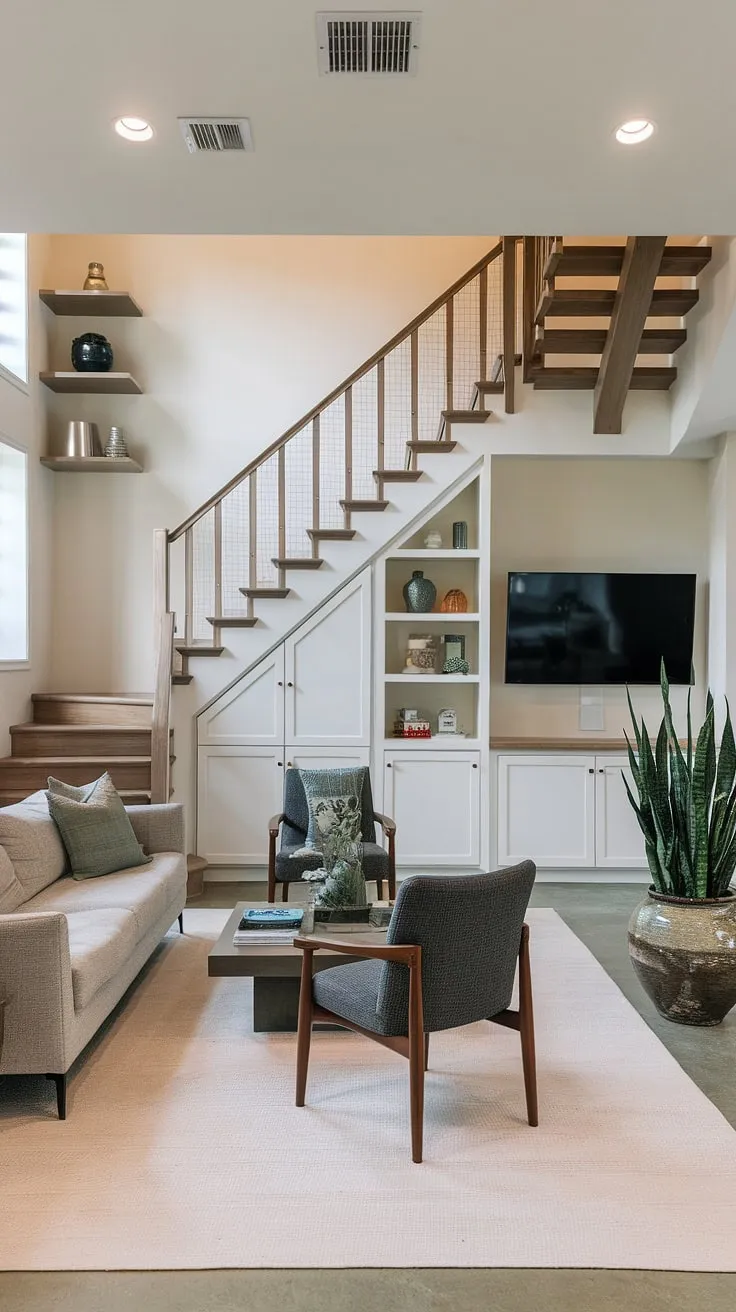 A modern duplex wooden staircase anchors a stylish living room, its space cleverly maximized with built-in storage and a wall-mounted TV.