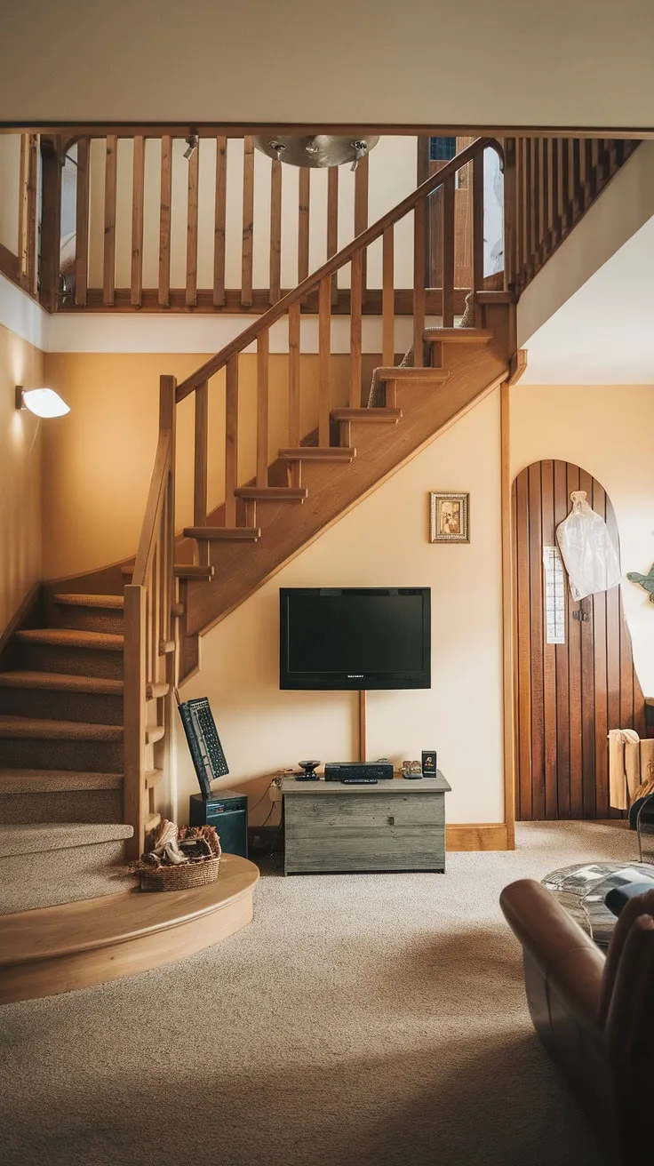 Warm lighting illuminates a modern living room featuring a wooden duplex staircase concealing a cozy media nook under its steps