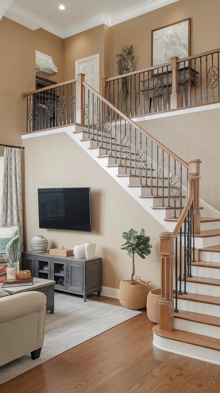 A grand wooden duplex staircase with wrought-iron railings anchors a cozy living room, its space cleverly utilized with a TV tucked beneath.