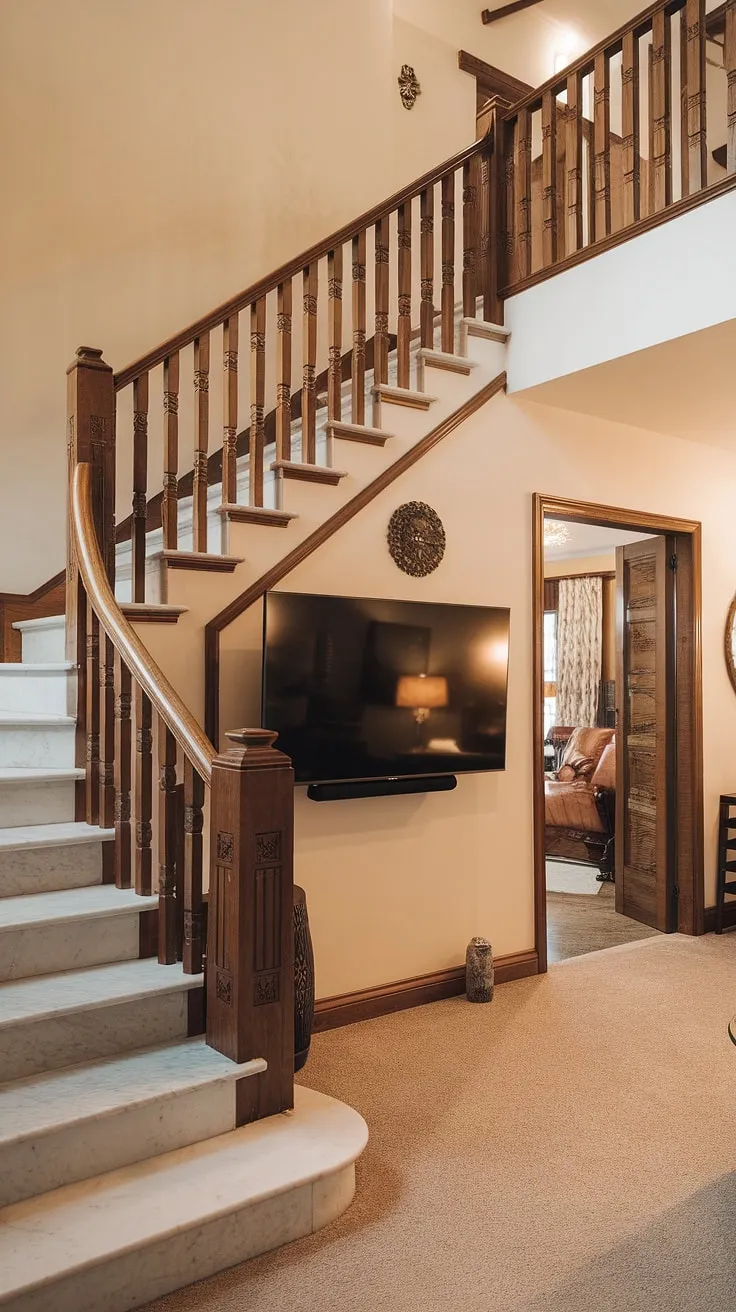 A warm living room features a stunning marble and wood duplex staircase leading to a cozy, carpeted room beneath housing a large television.