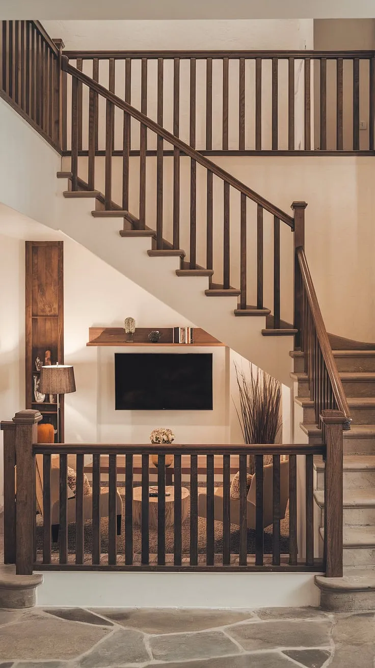 Elegant stone steps ascend to a warm living room, their under-stair space cleverly utilized as a cozy media nook