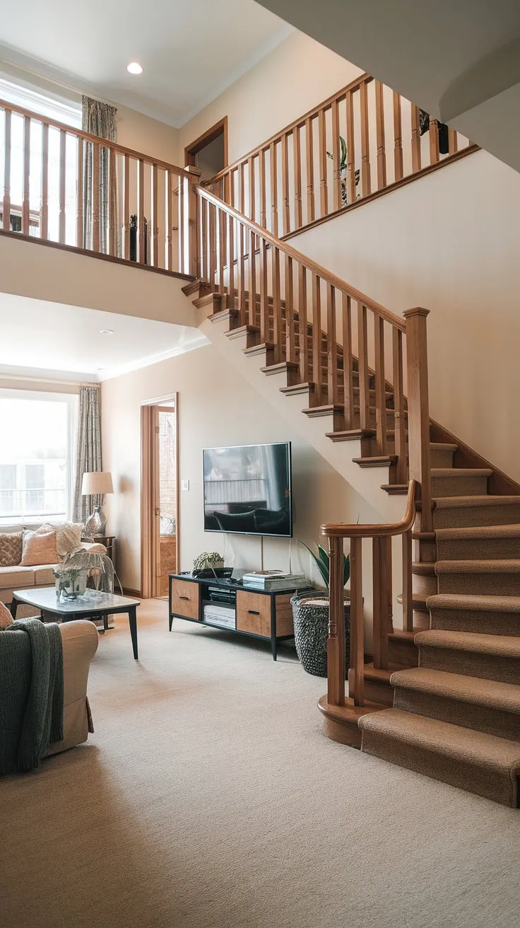 Elegant wood stairs ascend dramatically in a beige-carpeted living room, showcasing a sophisticated home design