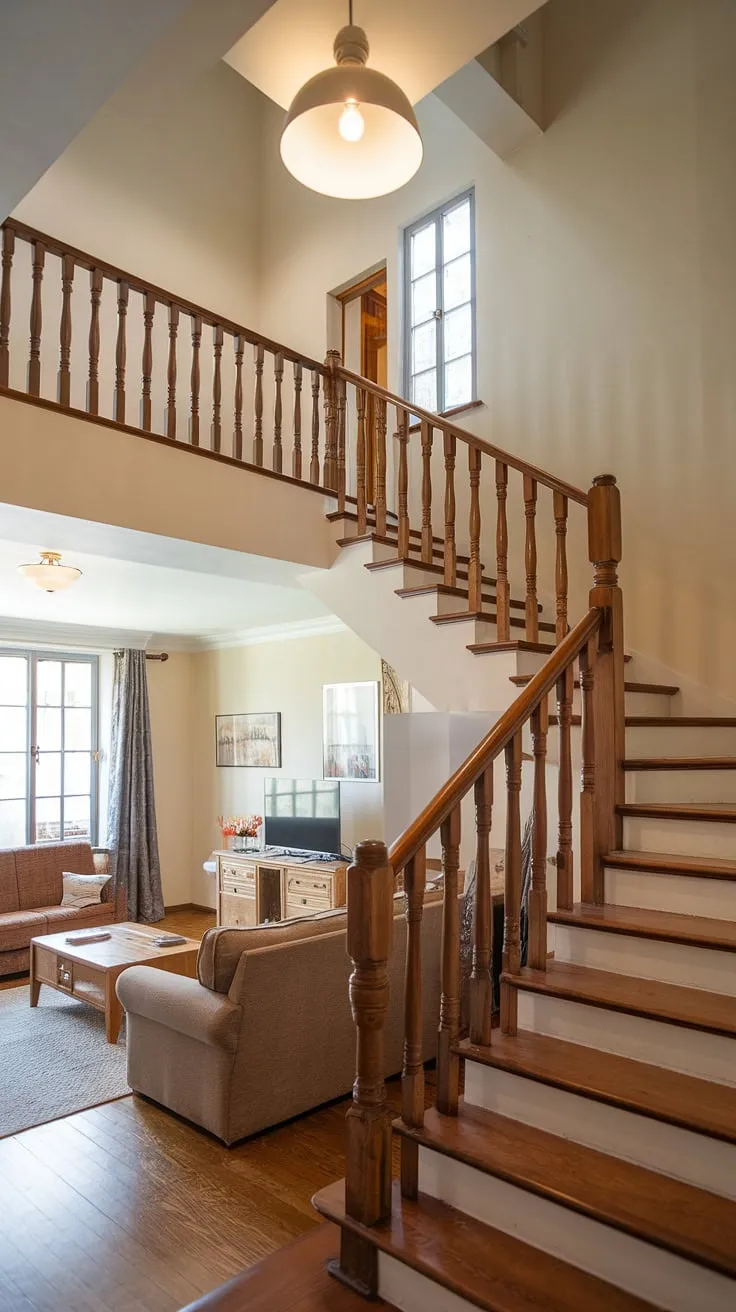 A grand wooden duplex staircase anchors a cozy living room, its space cleverly utilized beneath.