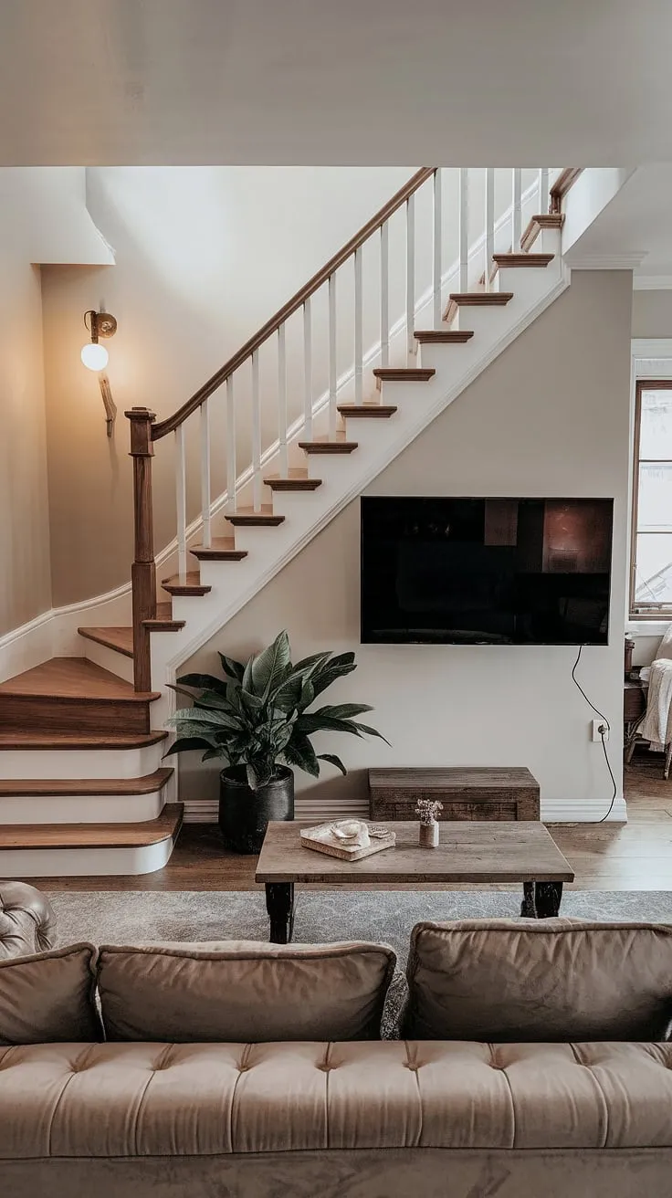 A cozy living room features a central wooden duplex staircase leading to a hidden room with a TV, creating a unique and inviting space.