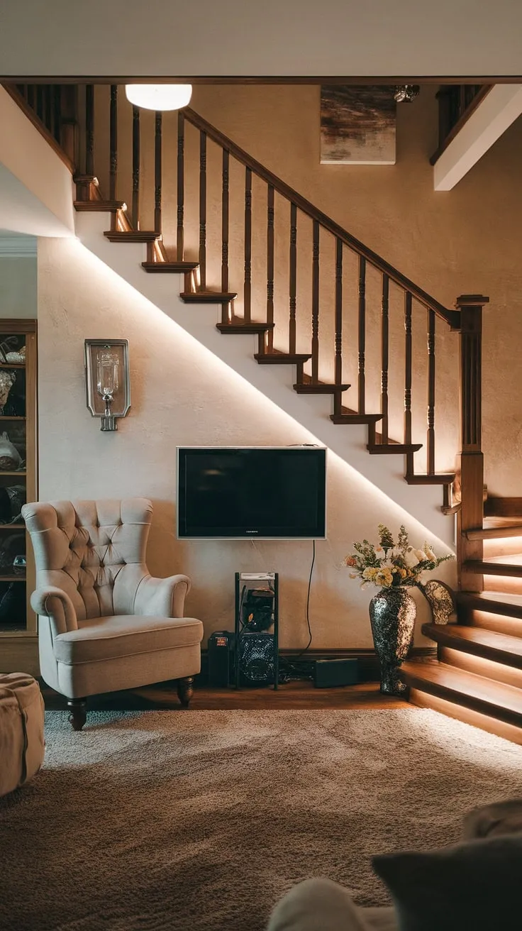 A plush living room features a stunning illuminated wooden duplex staircase and cleverly integrated entertainment, showcasing sophisticated design.