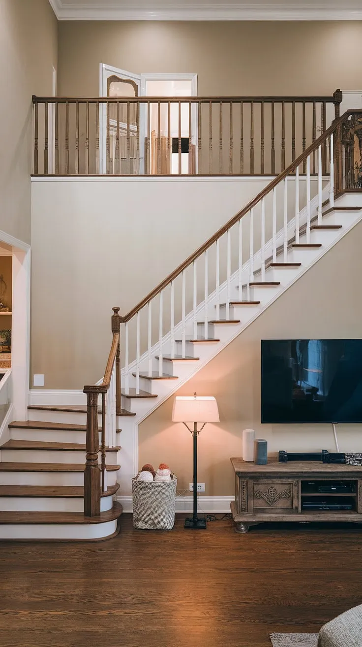 A stylish living room features a dramatic duplex staircase creating a unique space beneath.