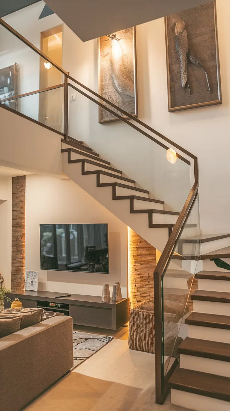 A stunning duplex staircase creates a stylish and functional living space, incorporating a cozy media room beneath.