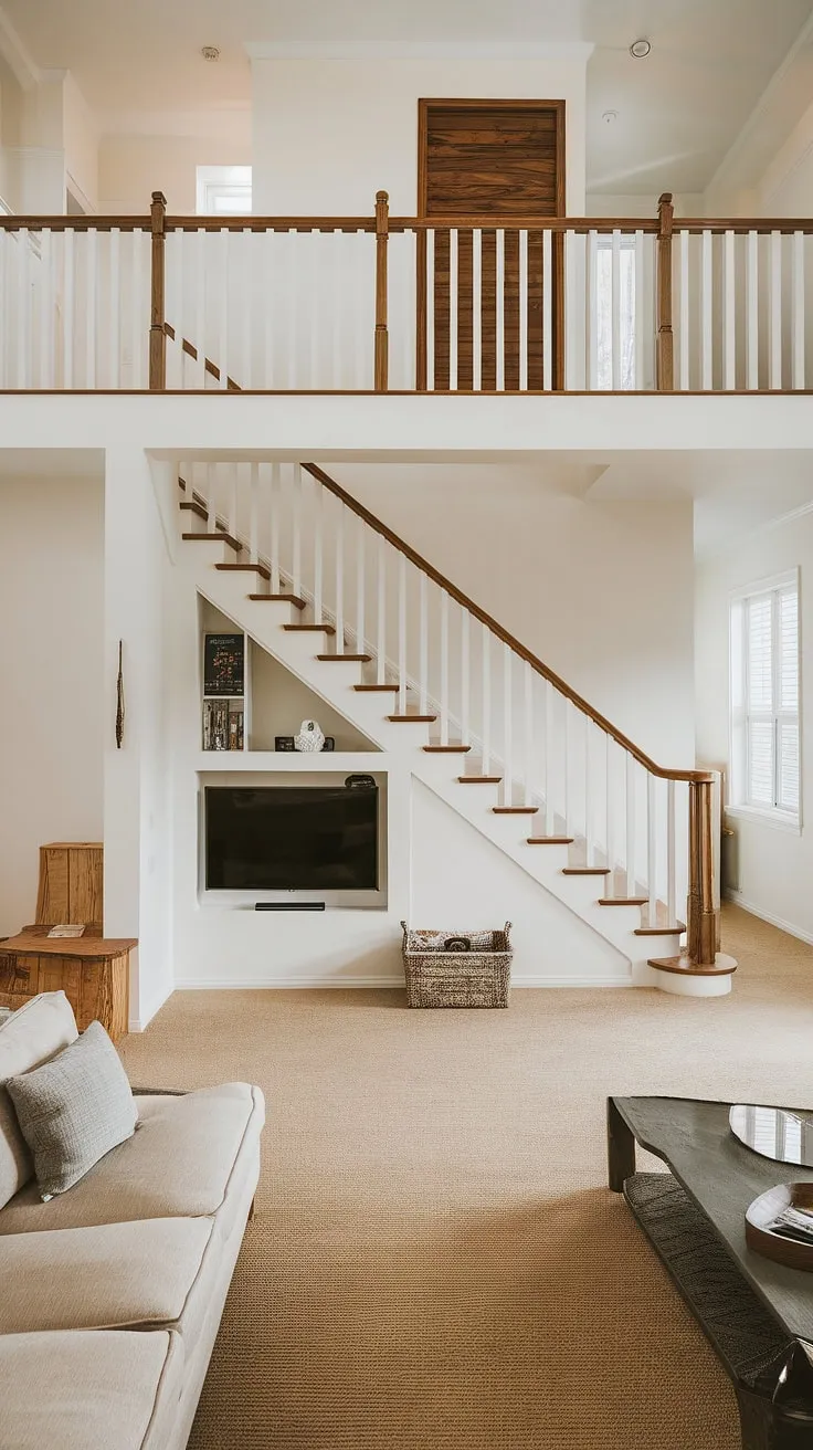 Elegant modern living space features a duplex staircase maximizing space and incorporating a hidden media room