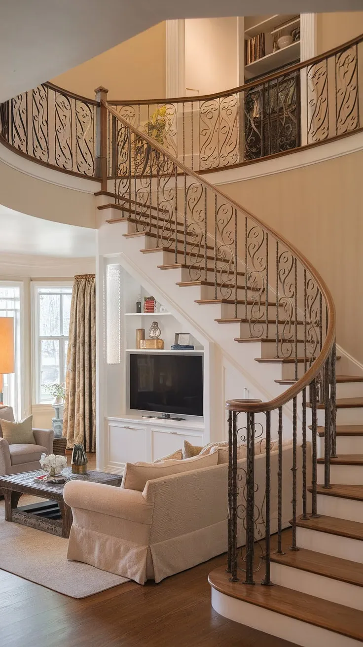 A duplex staircase's graceful design transforms a living room, adding architectural interest and functional space.