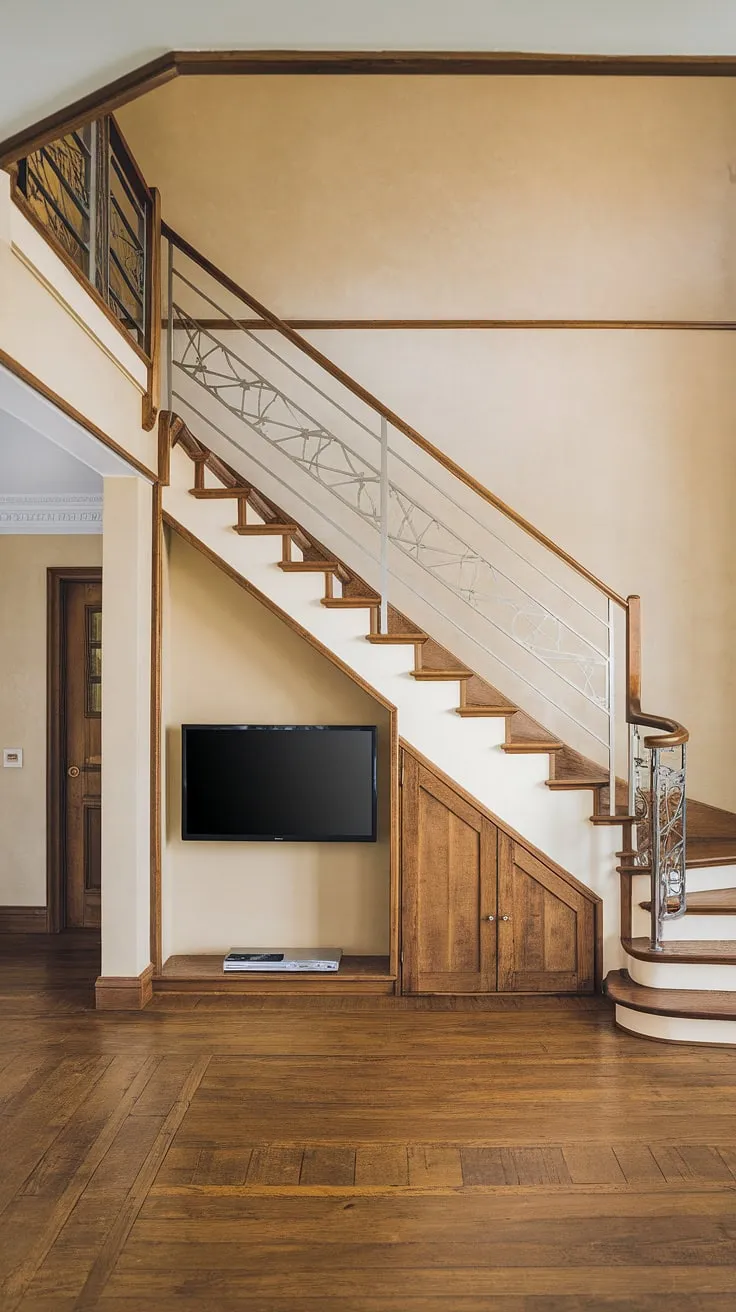 A stunning duplex staircase with a metallic railing anchors a warm living room, its under-stair space cleverly housing a TV.