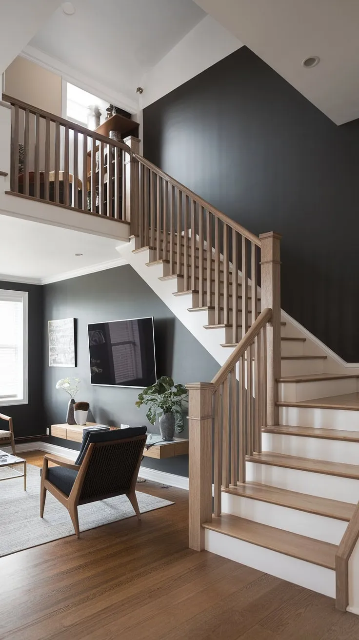 A sleek duplex staircase anchors a stylish living room, its design maximizing space and incorporating a built-in entertainment center.