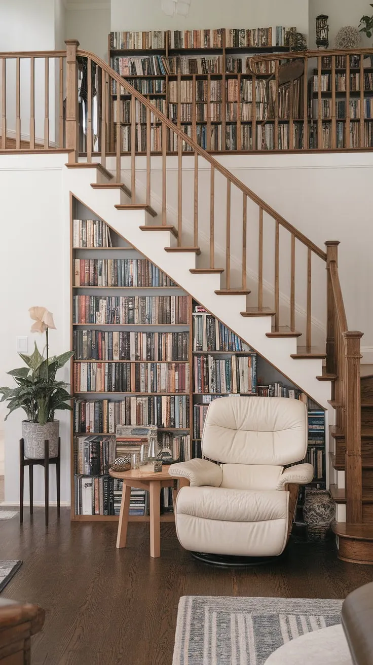 A charming living room features a dramatic staircase leading to a hidden book-lined alcove.