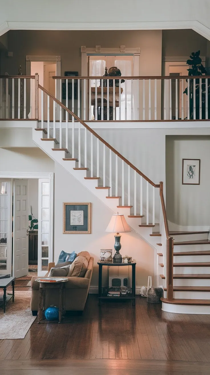 A dramatic duplex staircase dominates this living room, cleverly dividing and connecting the space.