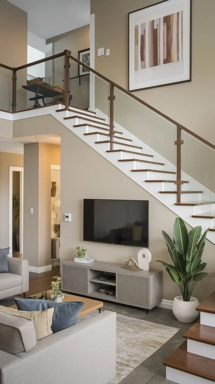 A modern duplex staircase with glass rails and wooden steps anchors a stylish living room, its space cleverly utilized for a cozy media nook.