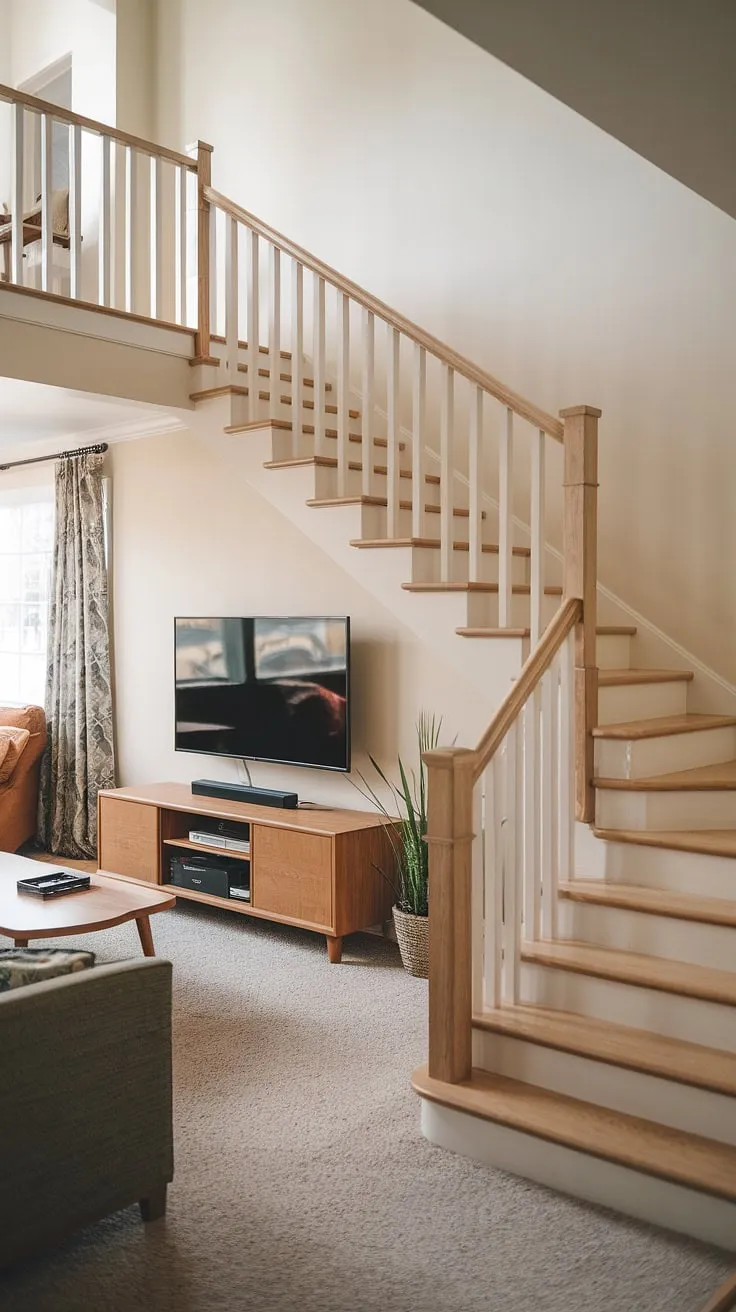 Elegant light wood stairs ascend dramatically in a softly lit living room, showcasing a sophisticated home design.