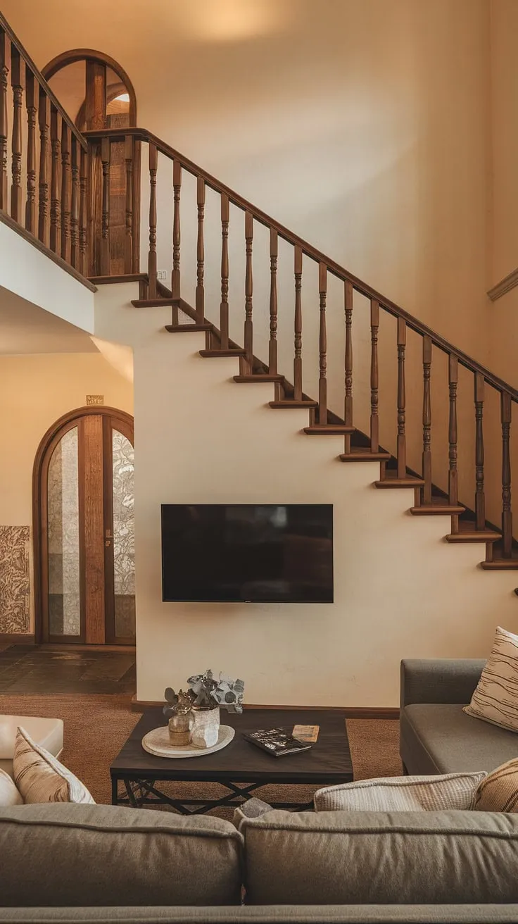 Warm lighting illuminates a cozy living room featuring a duplex staircase concealing a small, TV-equipped den