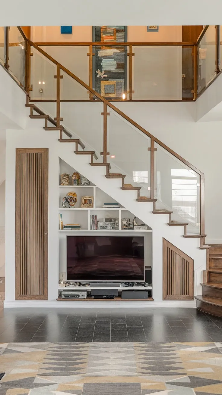 A modern duplex staircase with glass railings leads to an unseen upper floor, its under-stair space cleverly repurposed as a media room with distinct flooring.