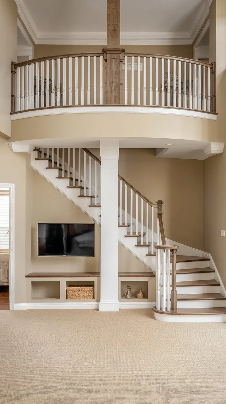A cleverly designed duplex staircase maximizes space, incorporating a cozy under-stair room with built-in shelving and a TV.