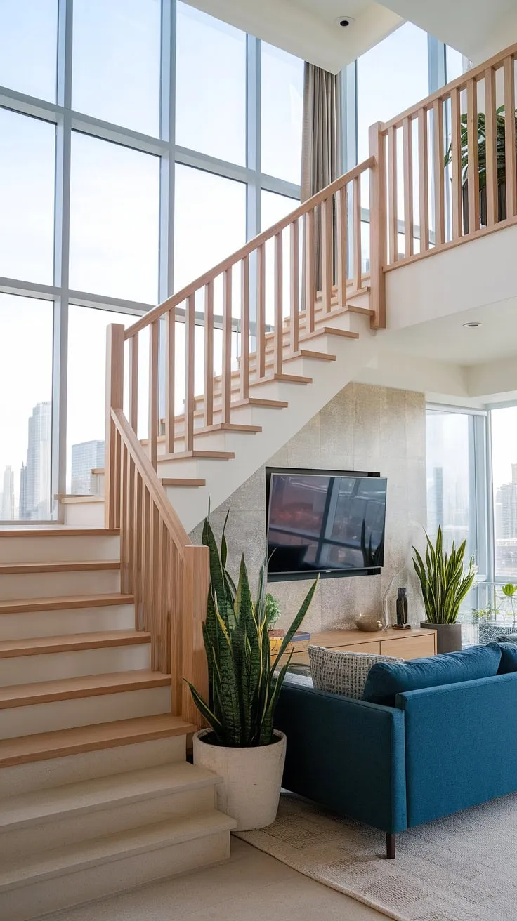 A light-filled living space boasts a dramatic duplex staircase and a hidden media room below, showcasing a stunning cityscape.