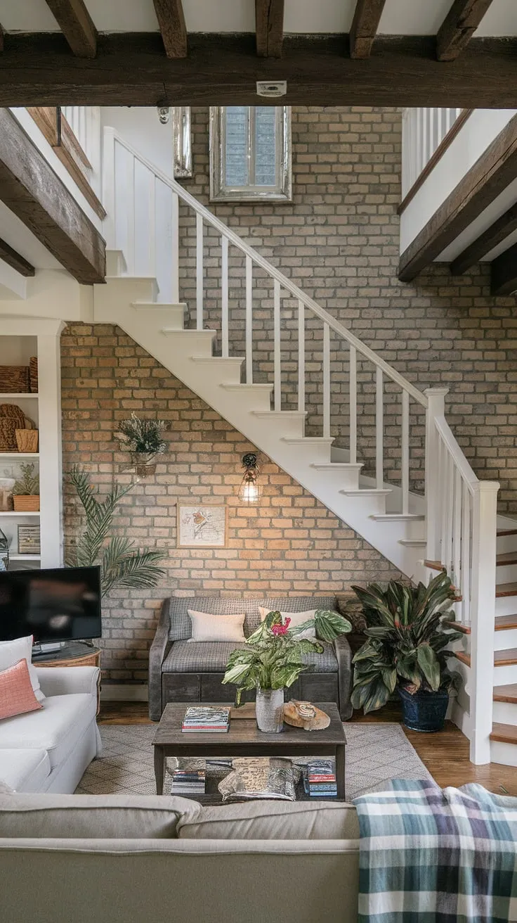 A dramatic duplex staircase dominates a cozy living room, its under-stair nook offering a charming seating area.