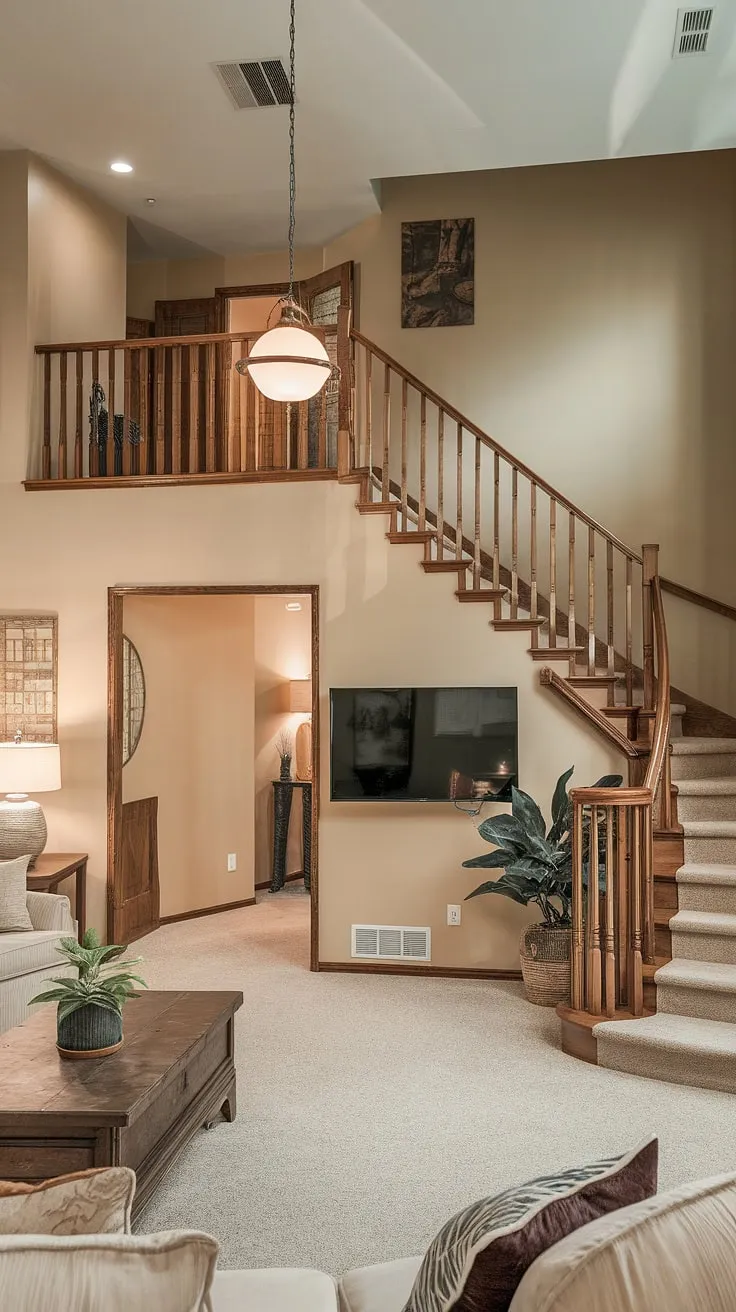 A stunning duplex staircase anchors a sophisticated living room design