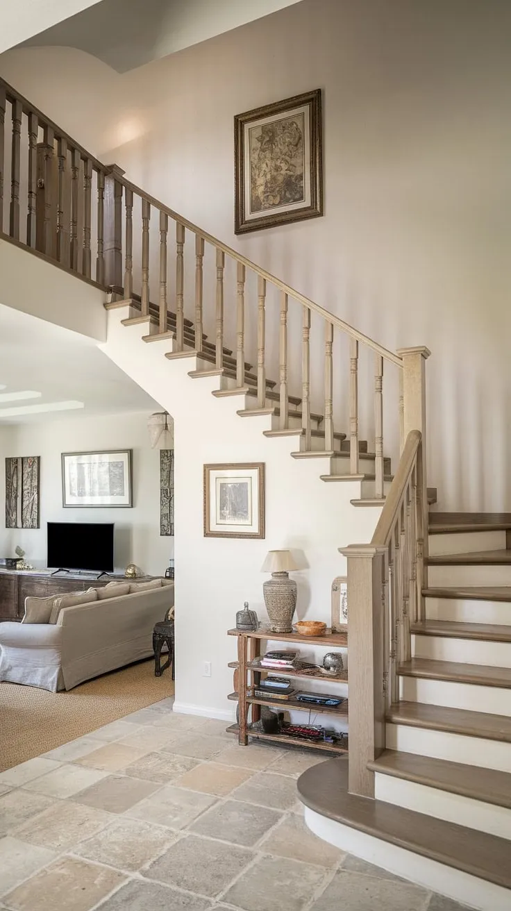 A light wood duplex staircase gracefully ascends, creating a unique living space beneath.
