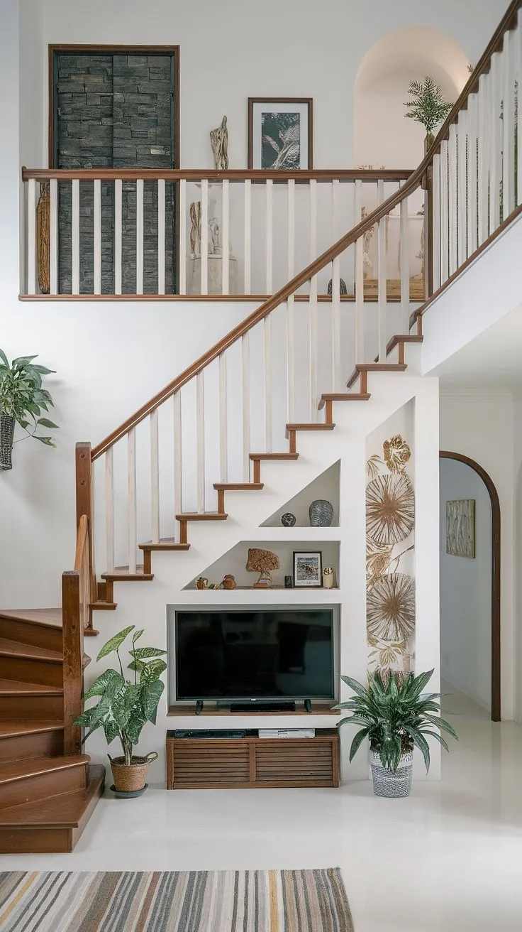 A stunning duplex staircase anchors a bright white living room, its space cleverly utilized with a built-in TV area underneath.