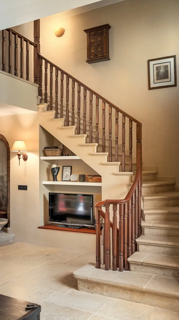 Elegant beige walls highlight a stone staircase with a hidden TV room beneath it