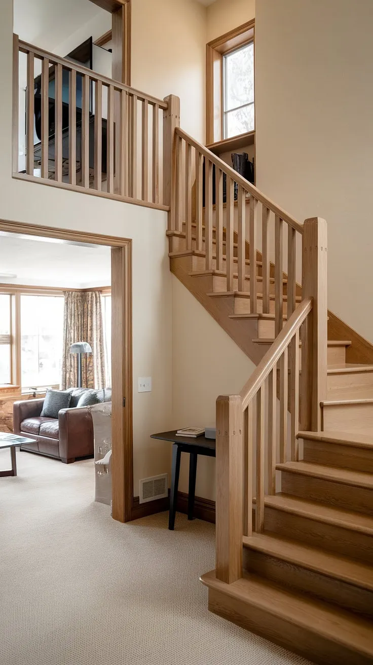 Elegant modern design features a duplex staircase connecting a living area to an upper level with a TV area