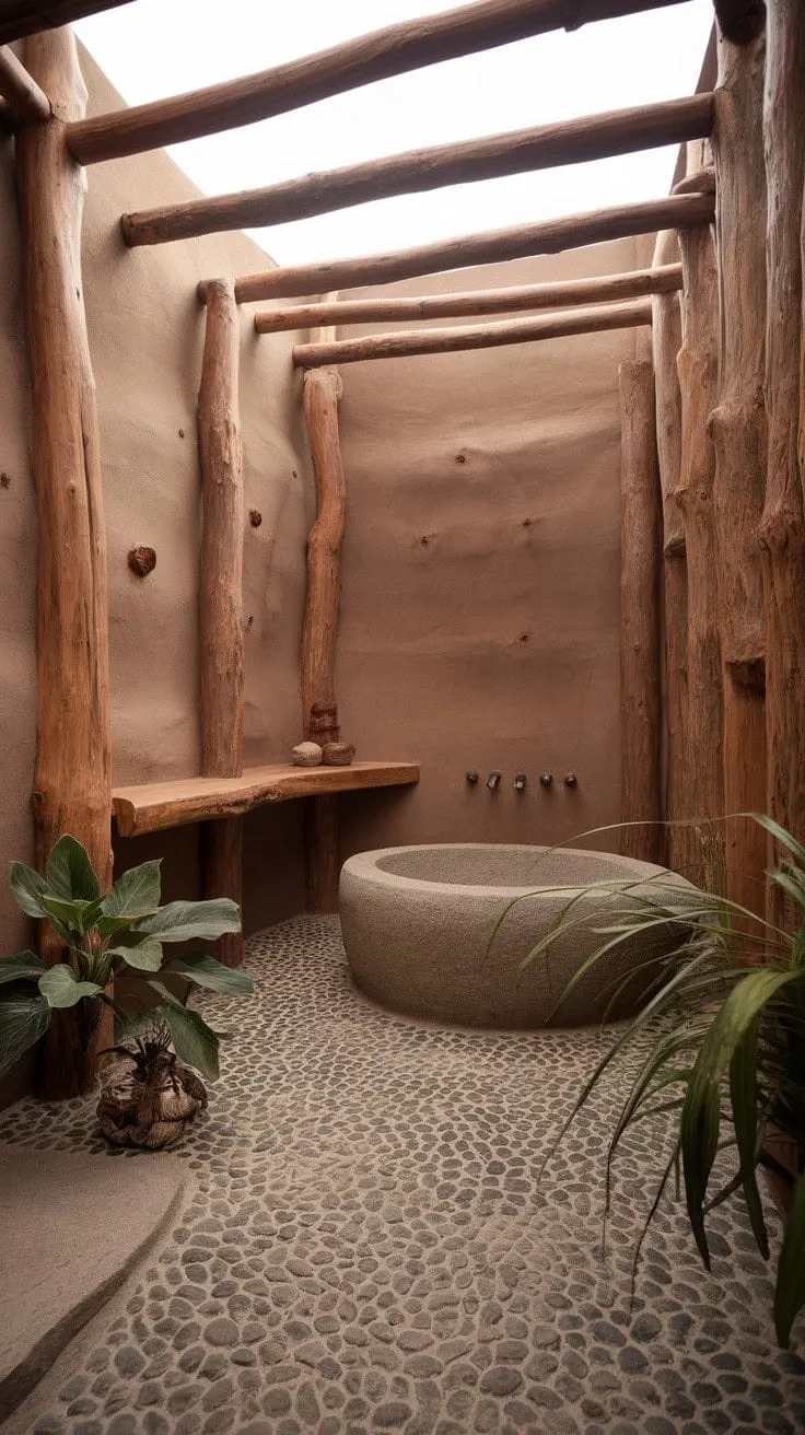 Discover tranquility in this rustic bathroom sanctuary, where warm wood and cool stone harmonize to create a serene escape.
