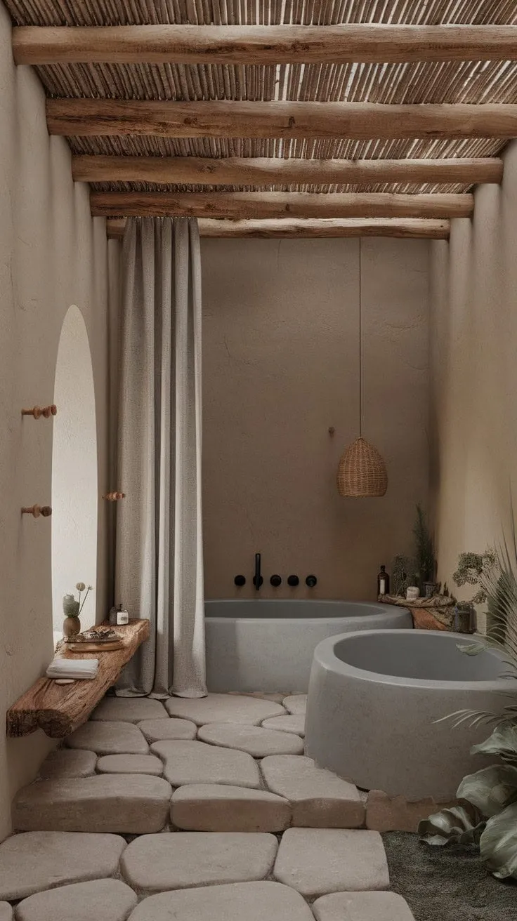 Discover tranquility in this earthy bathroom, where rustic wooden beams and a soothing gray bathtub create a serene sanctuary illuminated by gentle light.