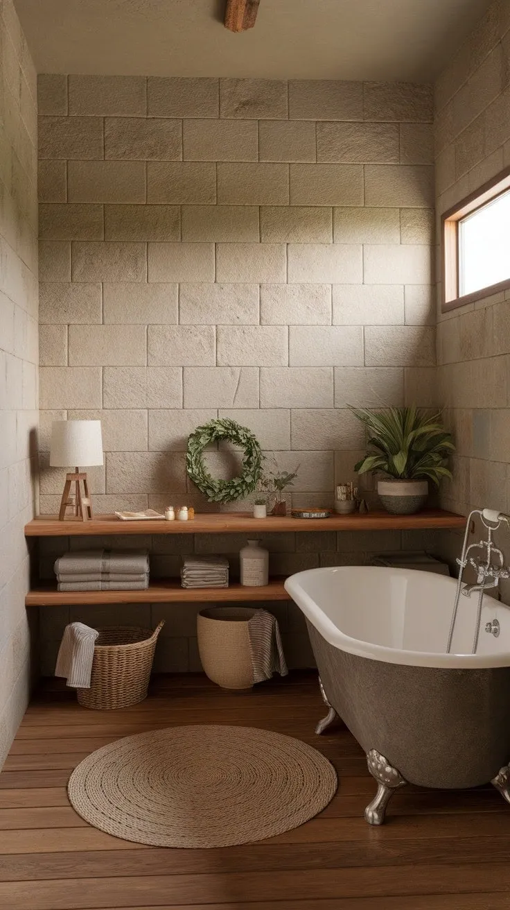 Step into this earthy bathroom sanctuary, where rustic charm and soft light invite you to unwind in a vintage clawfoot tub amidst natural stone walls.