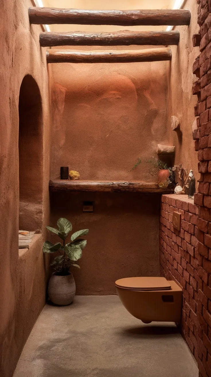 This earthy bathroom sanctuary harmoniously blends rustic charm with modern comfort, featuring exposed brick and warm lighting for a tranquil escape.