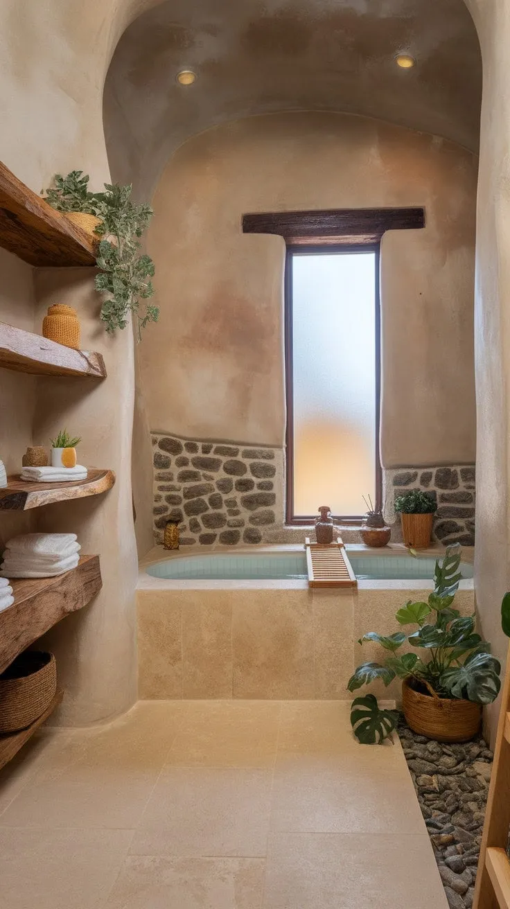 This rustic bathroom, illuminated by soft natural light and adorned with stone, wood, and greenery, offers a serene oasis for relaxation and rejuvenation.