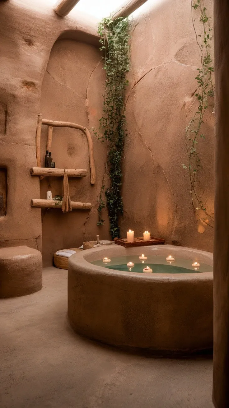 Immerse yourself in a serene stone sanctuary where floating candles illuminate the water, crafting an unforgettable bathing experience.