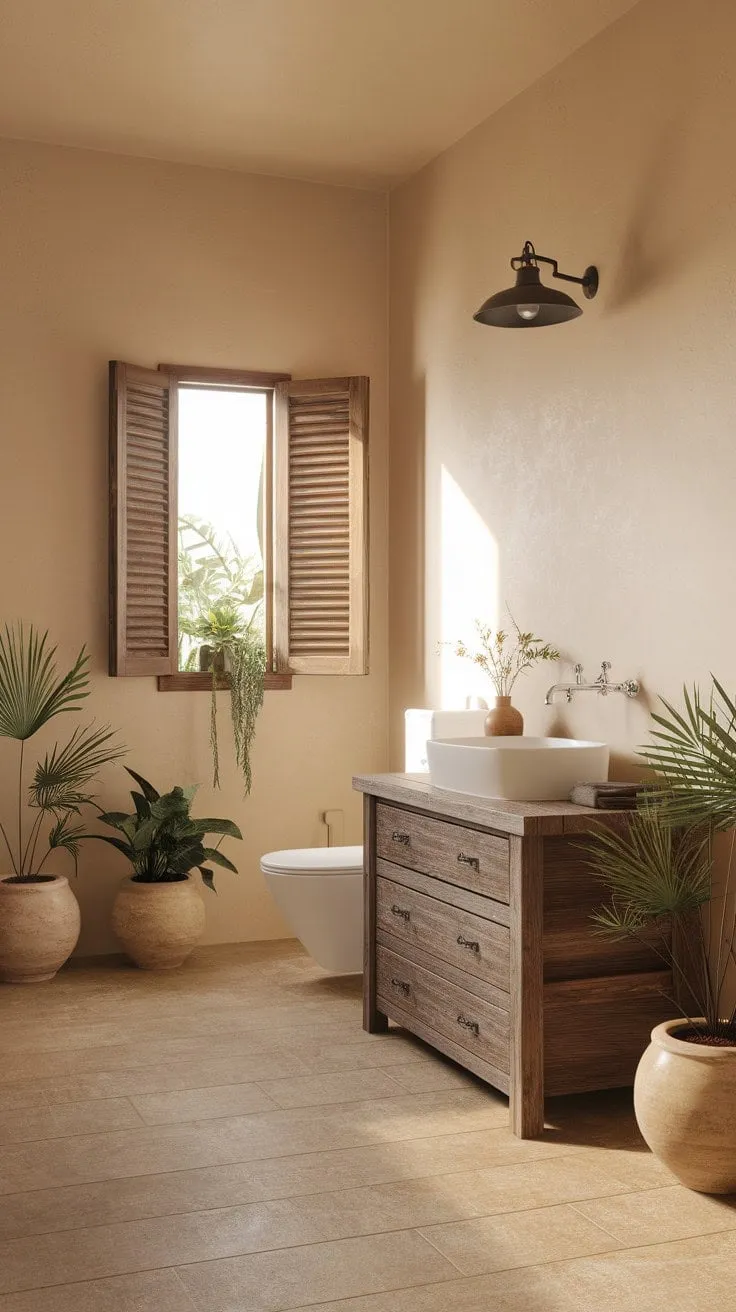 Discover serenity in this tranquil bathroom, where natural materials, soft light, and lush greenery create the perfect sanctuary for self-care.