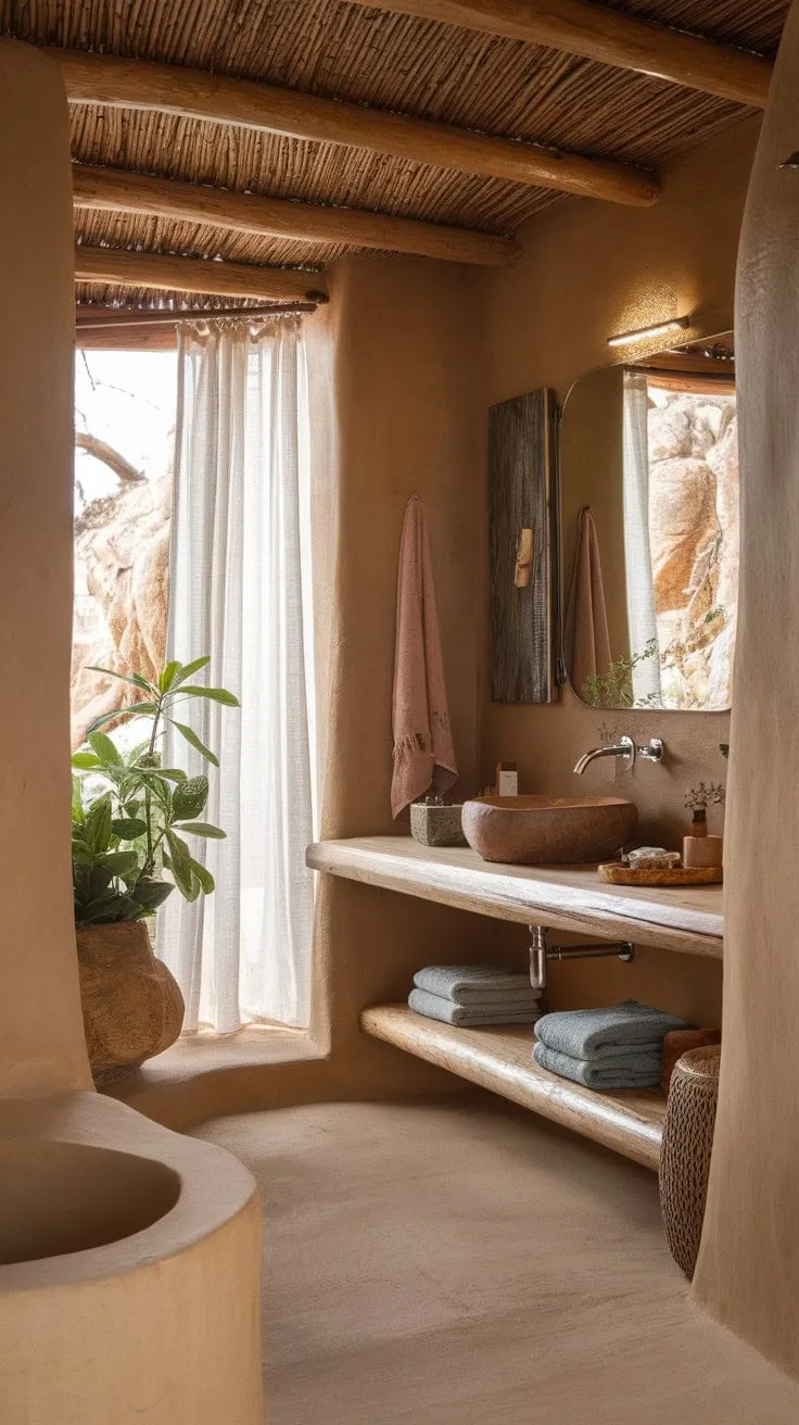 Sunlit and serene, this rustic bathroom blends natural materials into a tranquil retreat for relaxation and connection with nature.