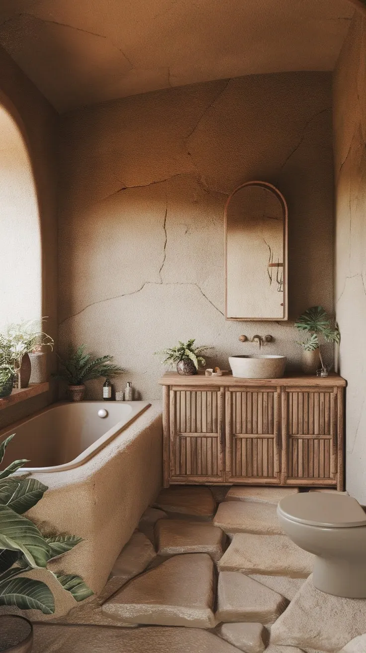 Discover tranquility in this rustic retreat, where natural light enhances the serene elegance of textured stone walls and an inviting bathtub.